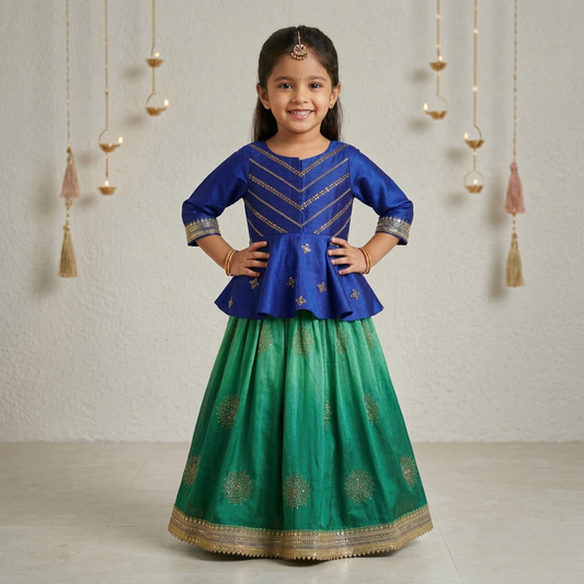 Gold Zari and Sequence Work Peplum Top with Shaded Lehenga. - My Store