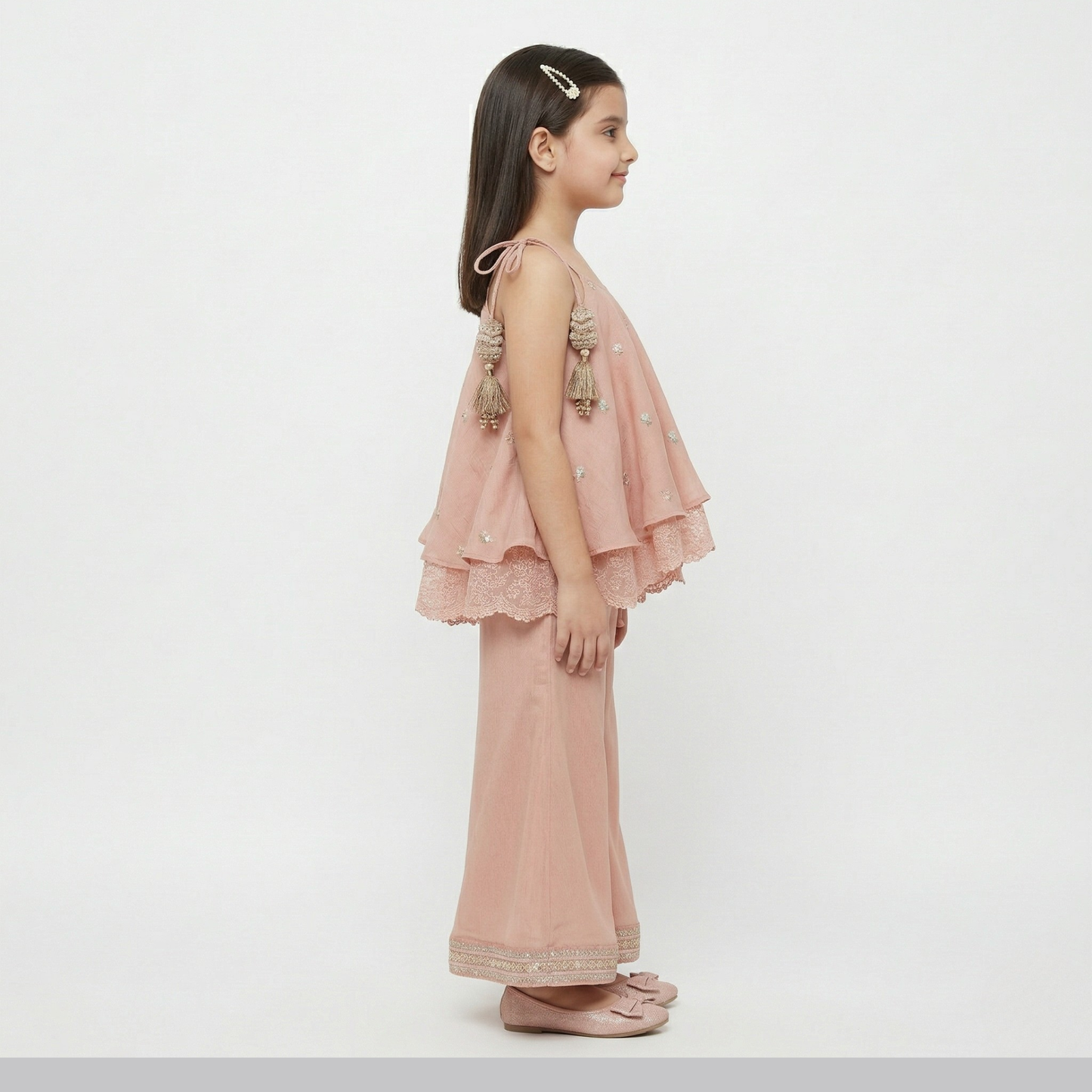 Peach Embroidered Strappy Flared Top Paired with Matching Flared Palazzo Pants. - My Store