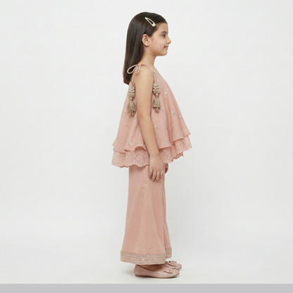 Peach Embroidered Strappy Flared Top Paired with Matching Flared Palazzo Pants. - My Store