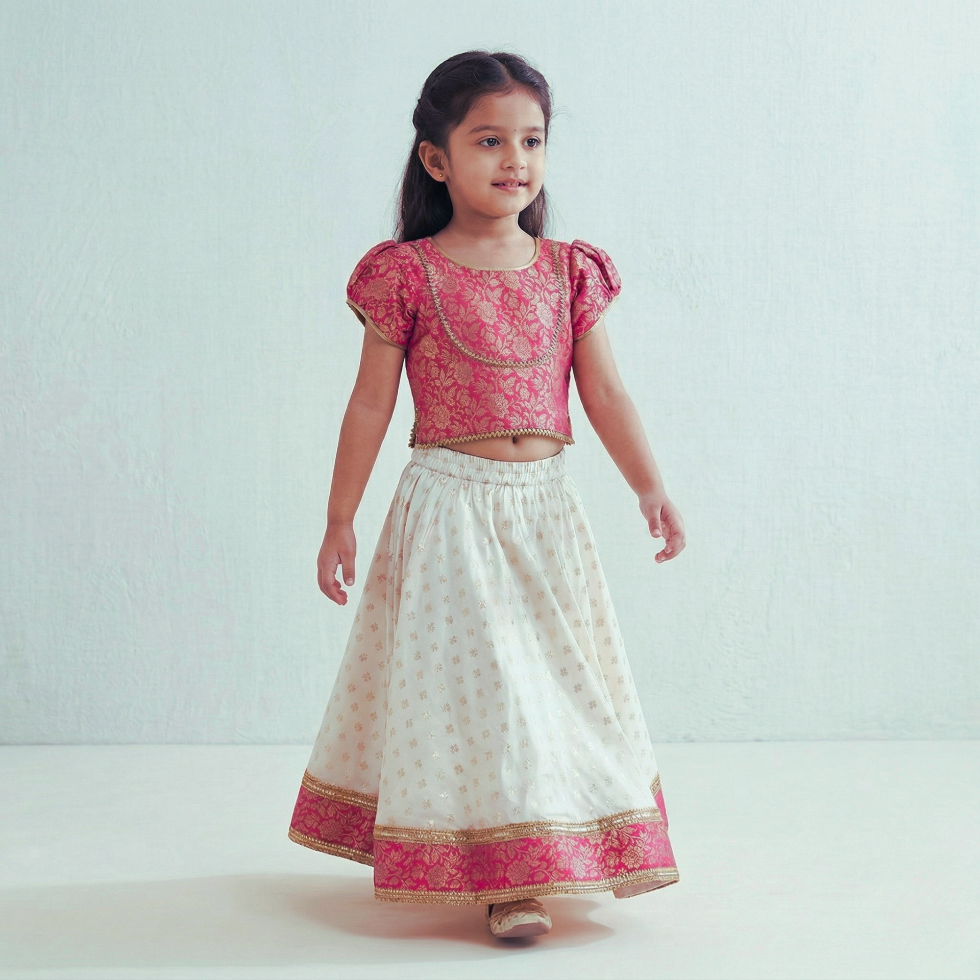 Magenta pink Brocade Top with Gotta lace detailing, paired with a flared Lehenga. - My Store