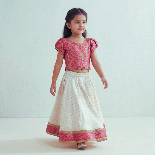 Magenta pink Brocade Top with Gotta lace detailing, paired with a flared Lehenga. - My Store