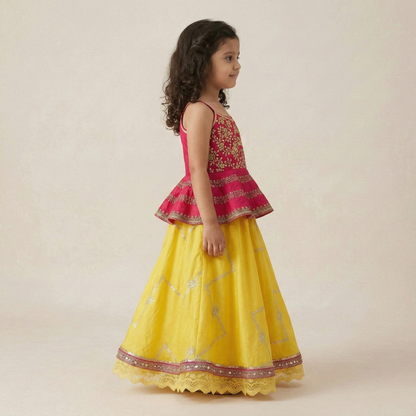 Flared Peplum Top with Gold Zari Embroidery, Paired with a Flared Lehenga. - My Store