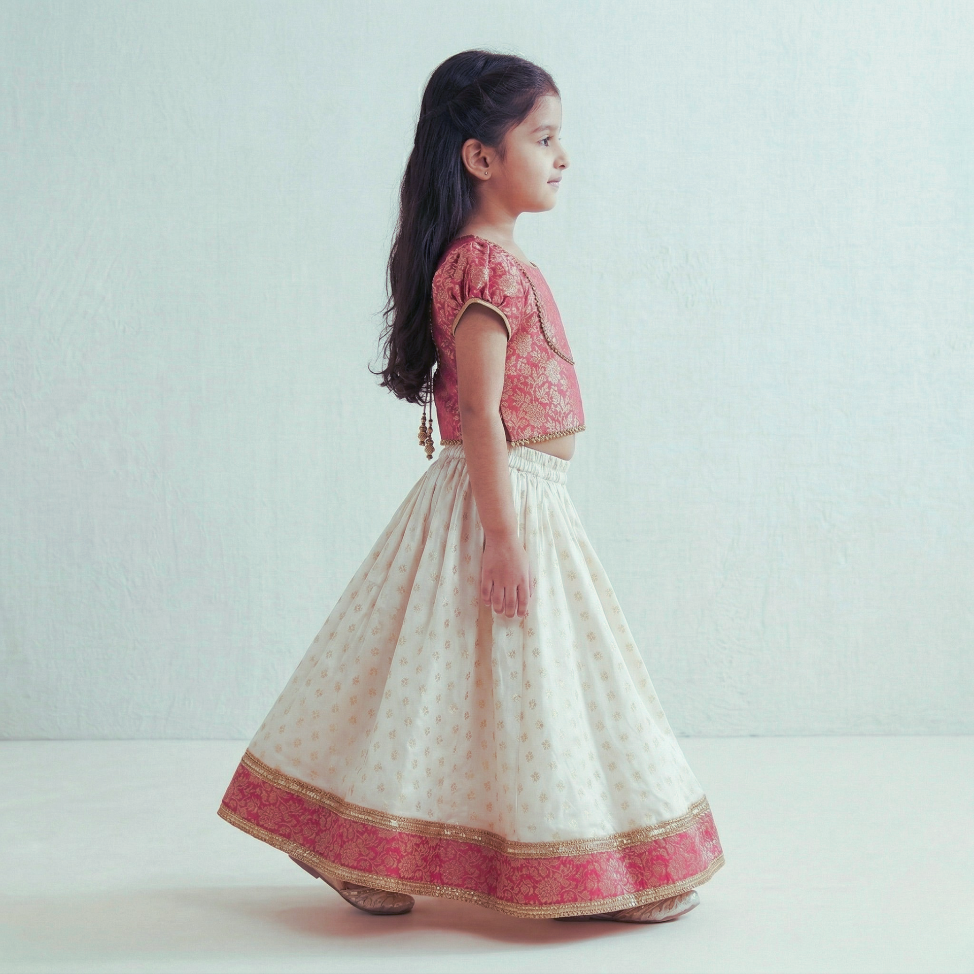 Magenta pink Brocade Top with Gotta lace detailing, paired with a flared Lehenga. - My Store