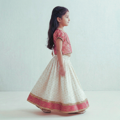 Magenta pink Brocade Top with Gotta lace detailing, paired with a flared Lehenga. - My Store
