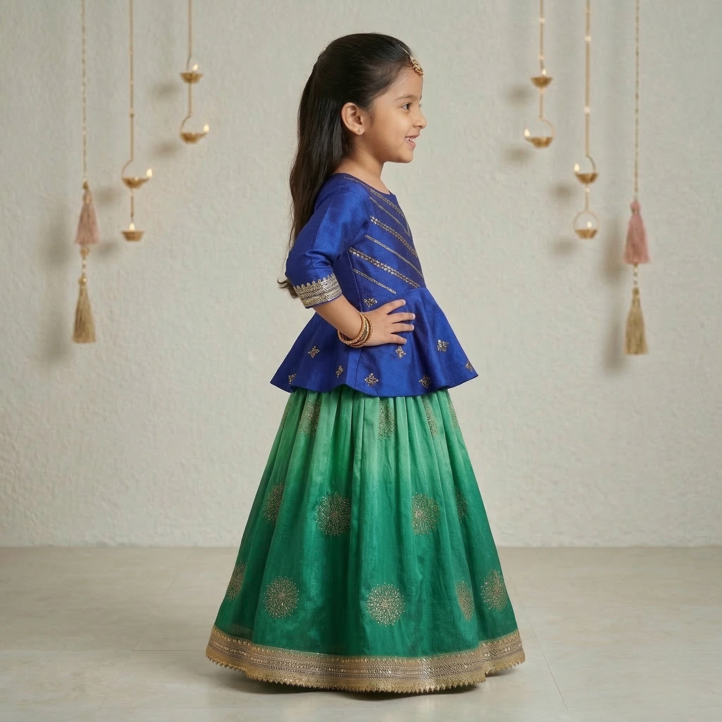 Gold Zari and Sequence Work Peplum Top with Shaded Lehenga. - My Store
