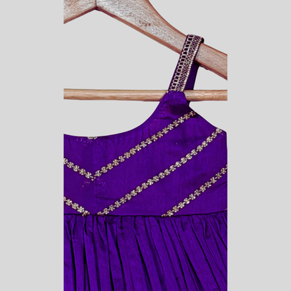 Deep Purple Sleeveless Dress with Gold Threads Detailing & Tiered Flared Hem. - My Store