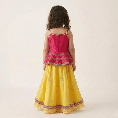 Flared Peplum Top with Gold Zari Embroidery, Paired with a Flared Lehenga. - My Store