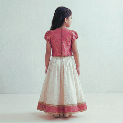 Magenta pink Brocade Top with Gotta lace detailing, paired with a flared Lehenga. - My Store