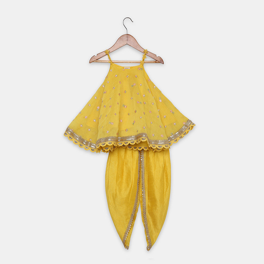 Yellow Embroidered Flared Top Paired with a Tulip-Style Dhoti. - My Store