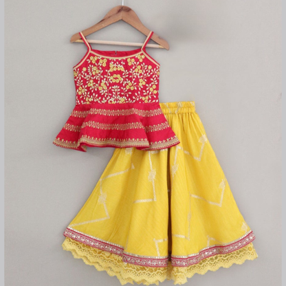 Flared Peplum Top with Gold Zari Embroidery, Paired with a Flared Lehenga. - My Store