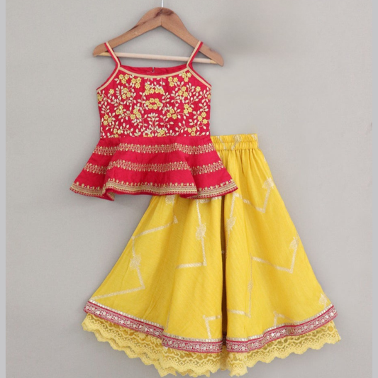 Flared Peplum Top with Gold Zari Embroidery, Paired with a Flared Lehenga. - My Store