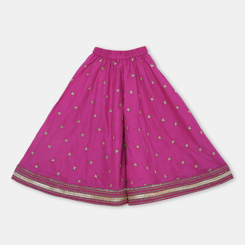 Gold Embroidered Majenta Pink Flared Kurta with Embroidered Flared Palazzo. - My Store