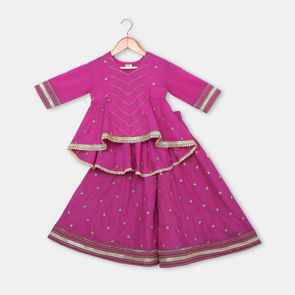 Gold Embroidered Majenta Pink Flared Kurta with Embroidered Flared Palazzo. - My Store