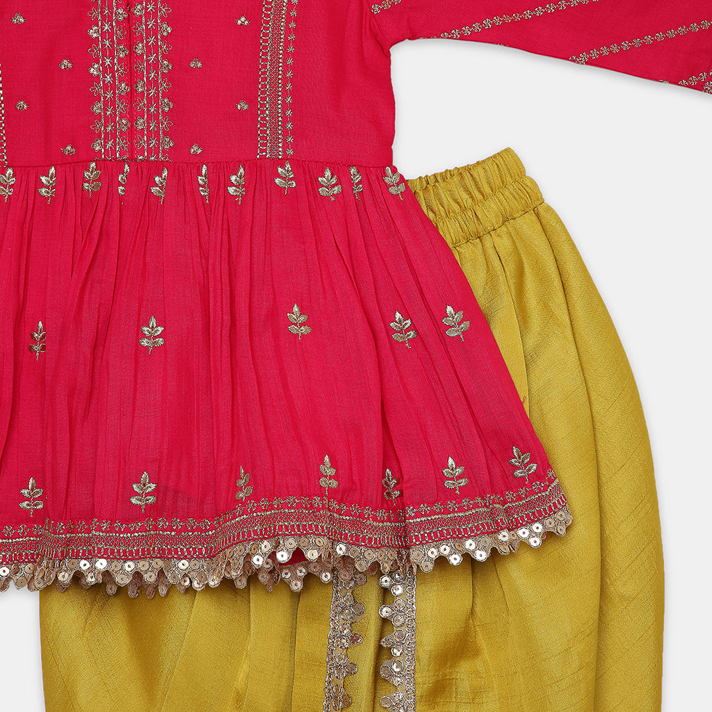 Gold Zari-Embroidered Peplum-Style Top Paired with a Classic Dhoti. - My Store