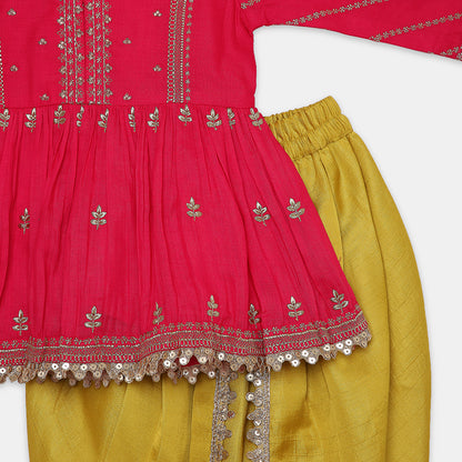 Gold Zari-Embroidered Peplum-Style Top Paired with a Classic Dhoti. - My Store