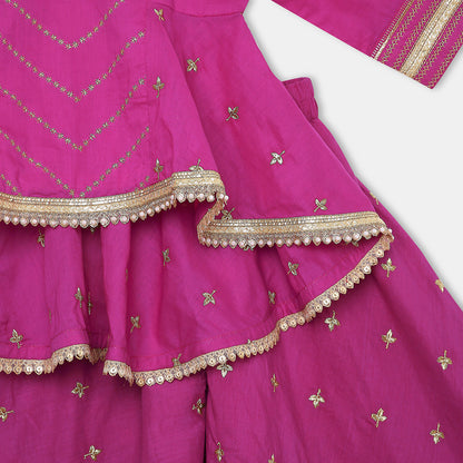Gold Embroidered Majenta Pink Flared Kurta with Embroidered Flared Palazzo. - My Store