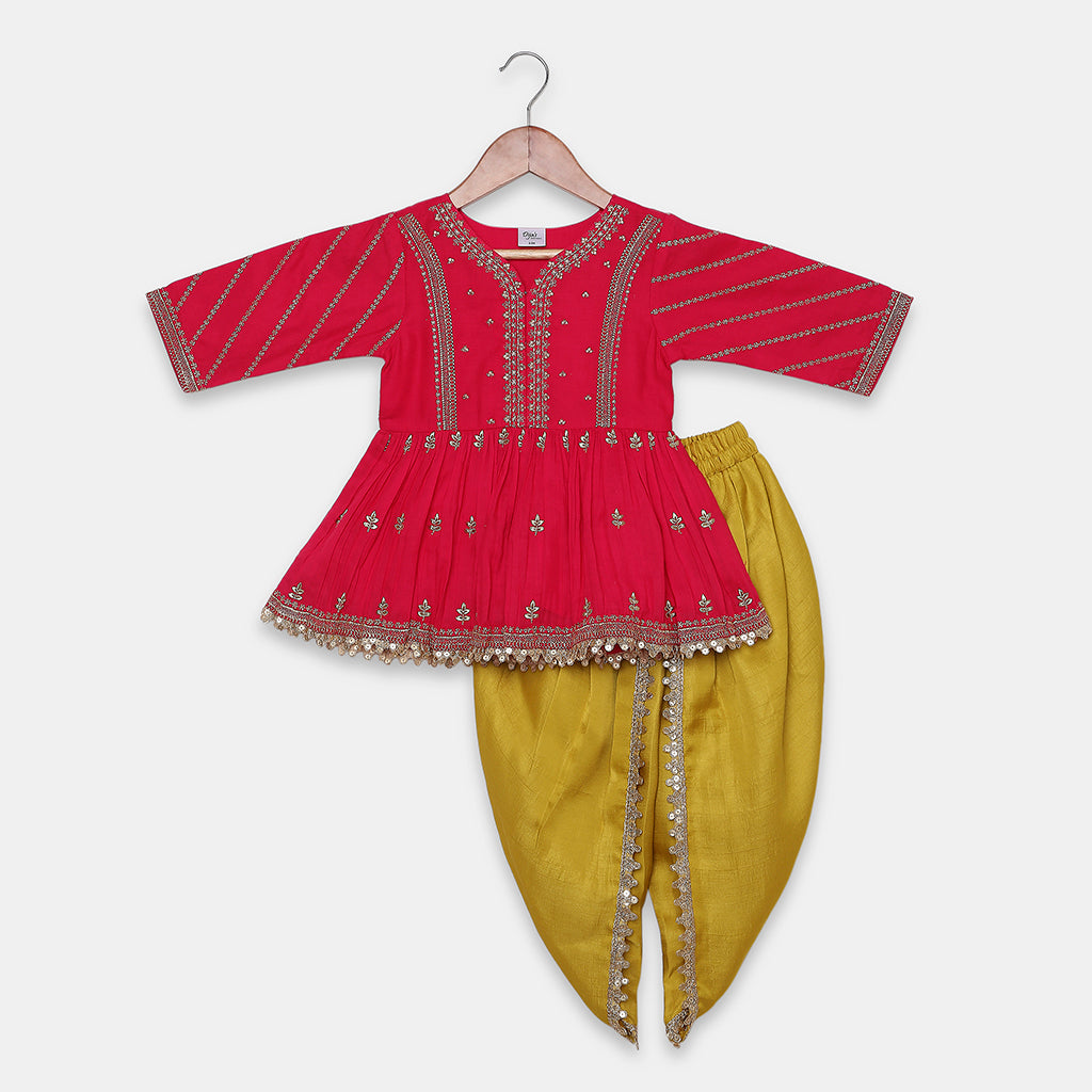 Gold Zari-Embroidered Peplum-Style Top Paired with a Classic Dhoti. - My Store