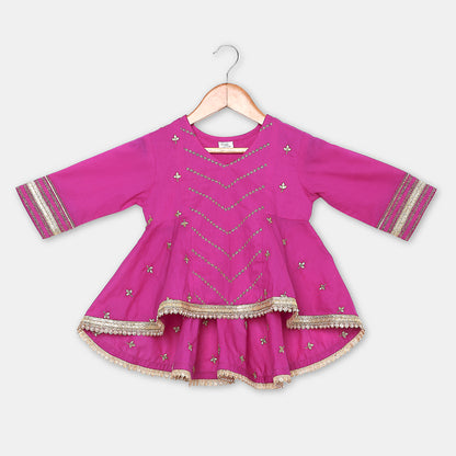 Gold Embroidered Majenta Pink Flared Kurta with Embroidered Flared Palazzo. - My Store