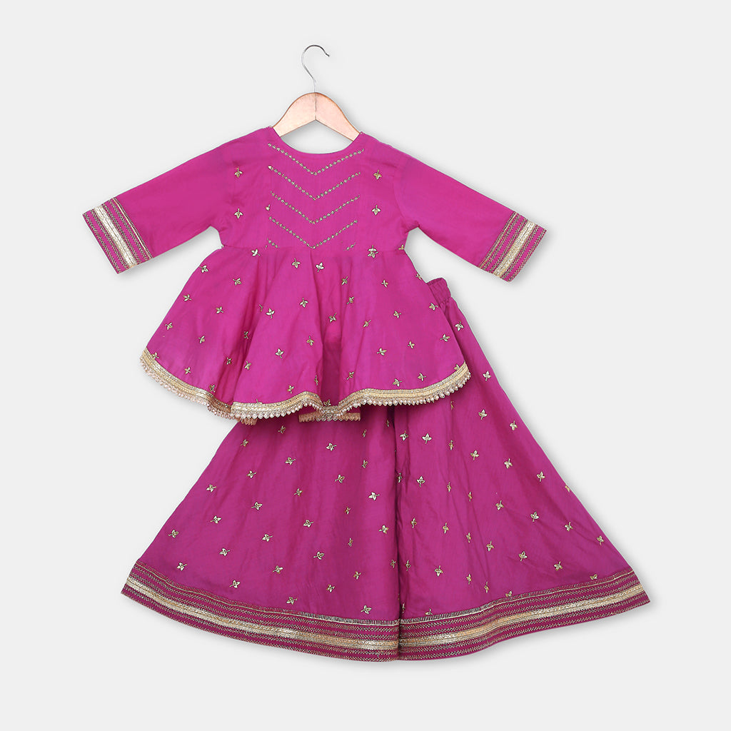Gold Embroidered Majenta Pink Flared Kurta with Embroidered Flared Palazzo. - My Store