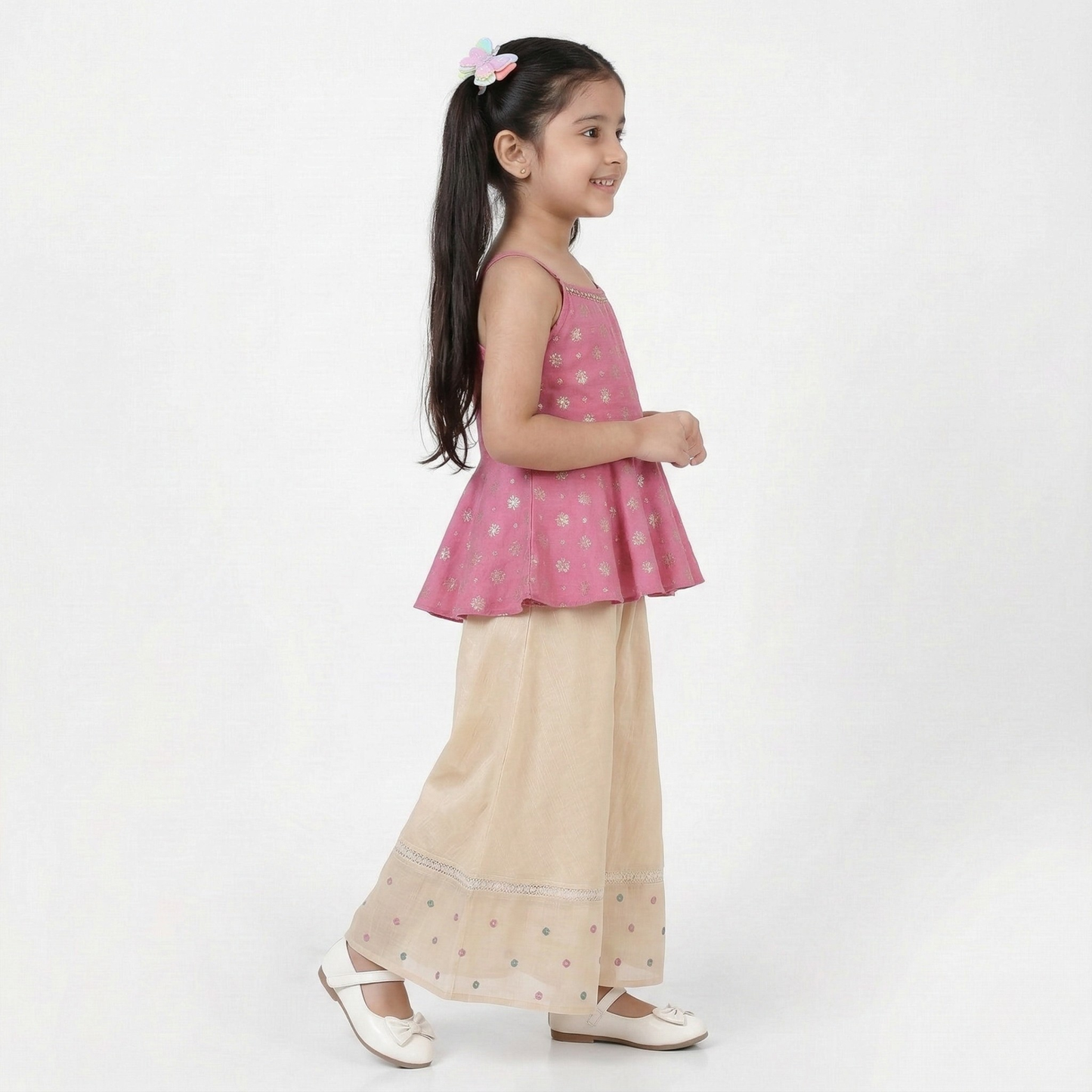 Flared Peplum Chanderi Top Featuring Delicate Motifs work, Paired with Embroidered Flared Palazzos. - My Store