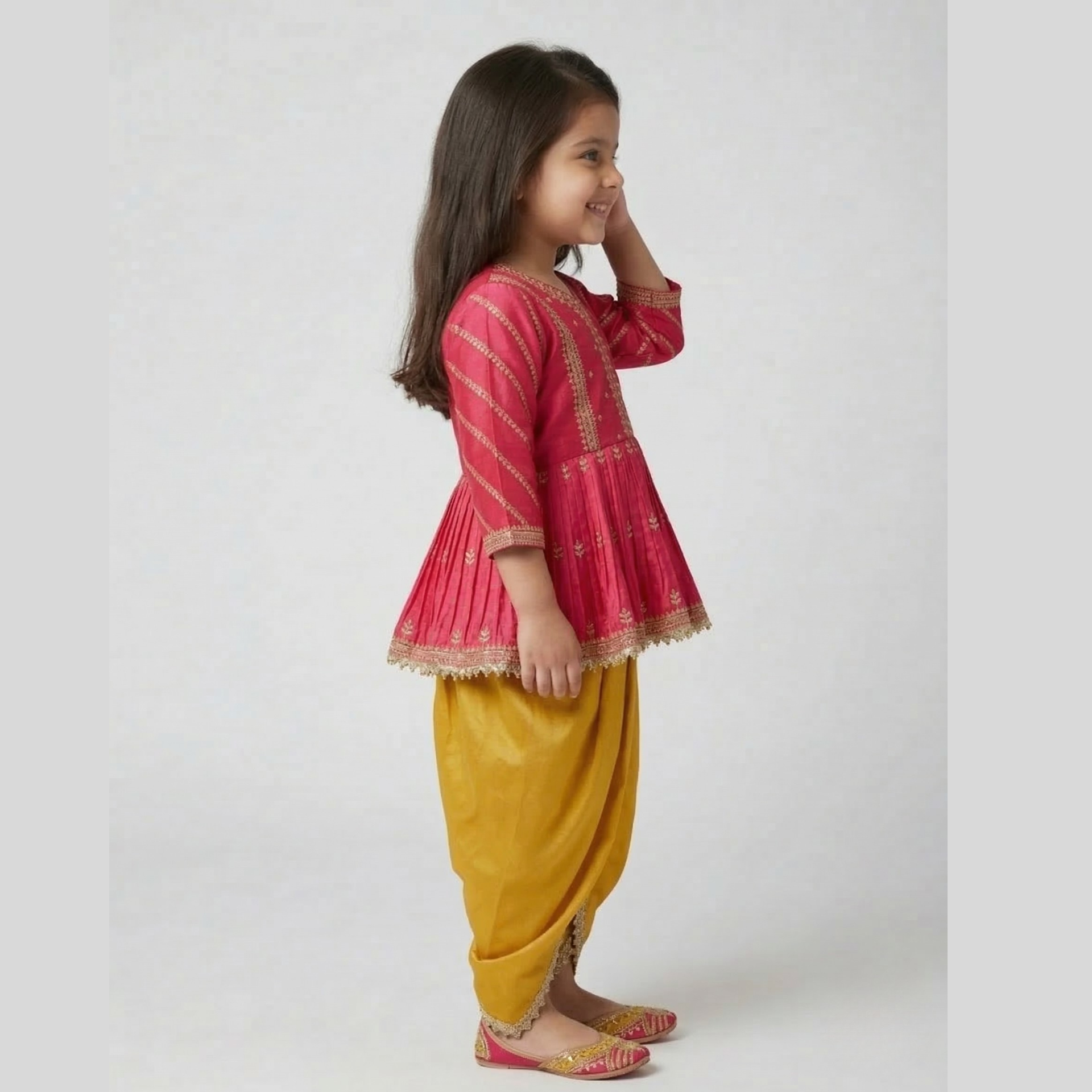 Gold Zari-Embroidered Peplum-Style Top Paired with a Classic Dhoti. - My Store