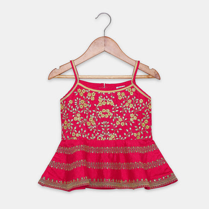 Flared Peplum Top with Gold Zari Embroidery, Paired with a Flared Lehenga. - My Store